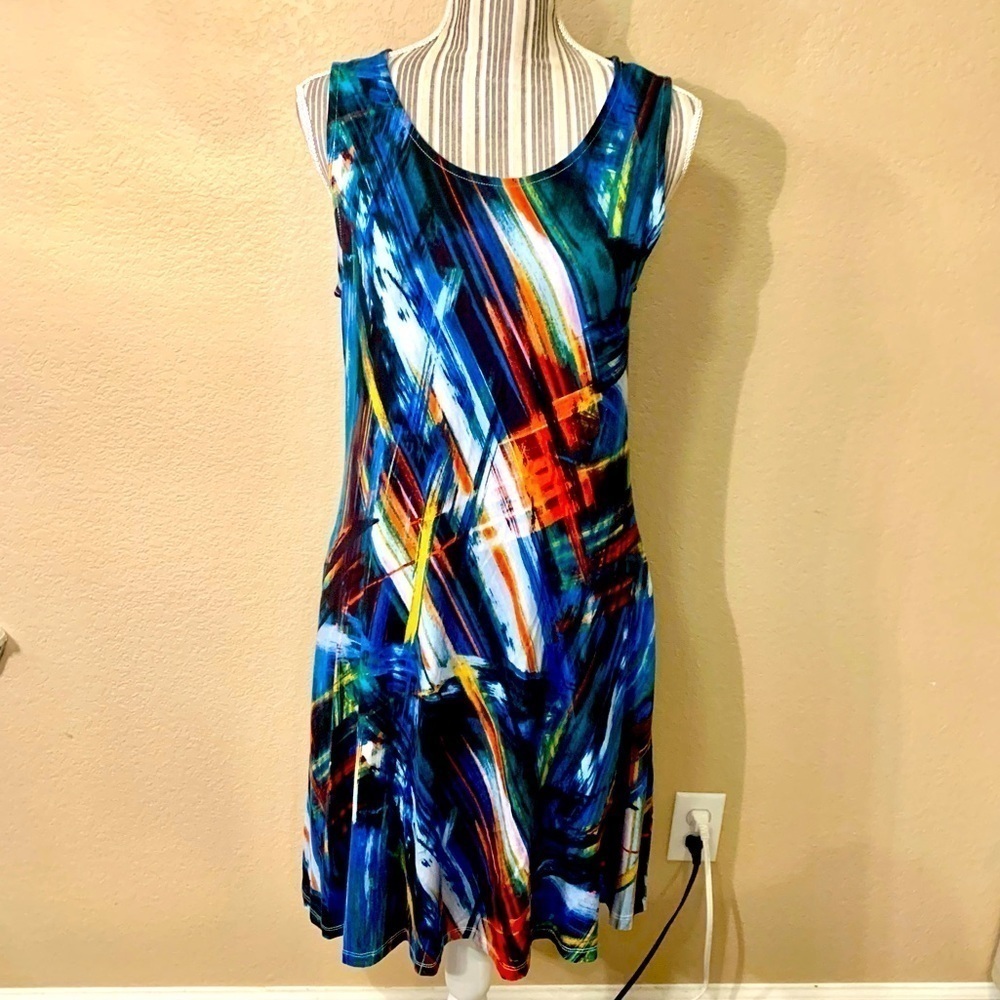 NWT Cable & Gauge Dress Large Multicolored Abstract Mini Sleeveless Pockets New!